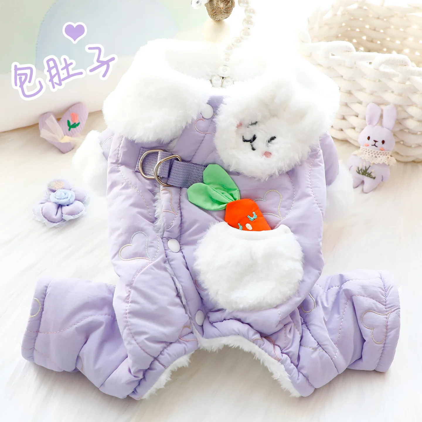 Ropa para perros, abrigo de algodón grueso para envolver el vientre, Chaqueta de algodón de Estilo Princesa para perros pequeños, ropa de peluche para invierno y otoño - imagen 3