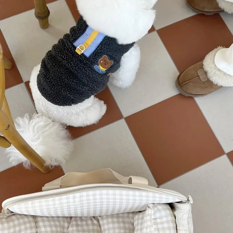 Ropa de peluche para perros, abrigo contrastante con capucha, abrigo grueso y cálido de piel de cordero para perros, abrigo de oso de peluche para perros pequeños, chaquetas para cachorros - imagen 4