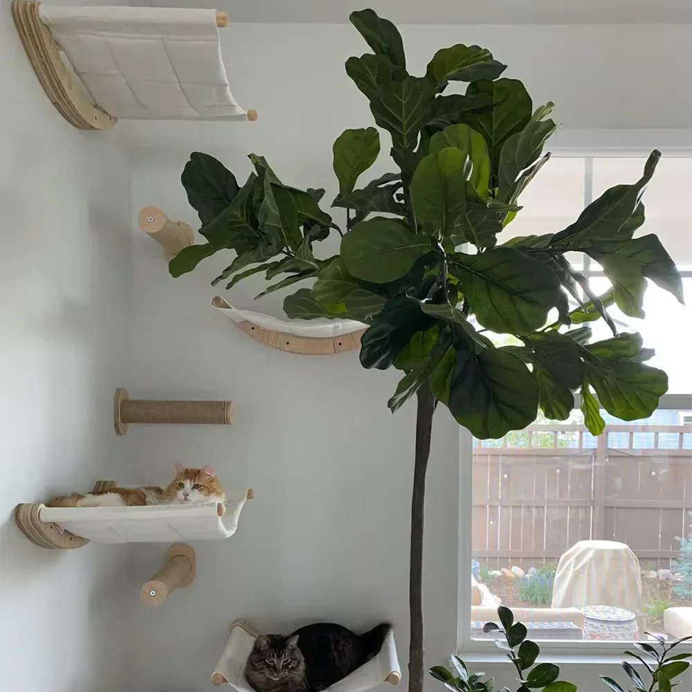 Casa para gatos montada en pared con puente, hamaca y rascador - imagen 5