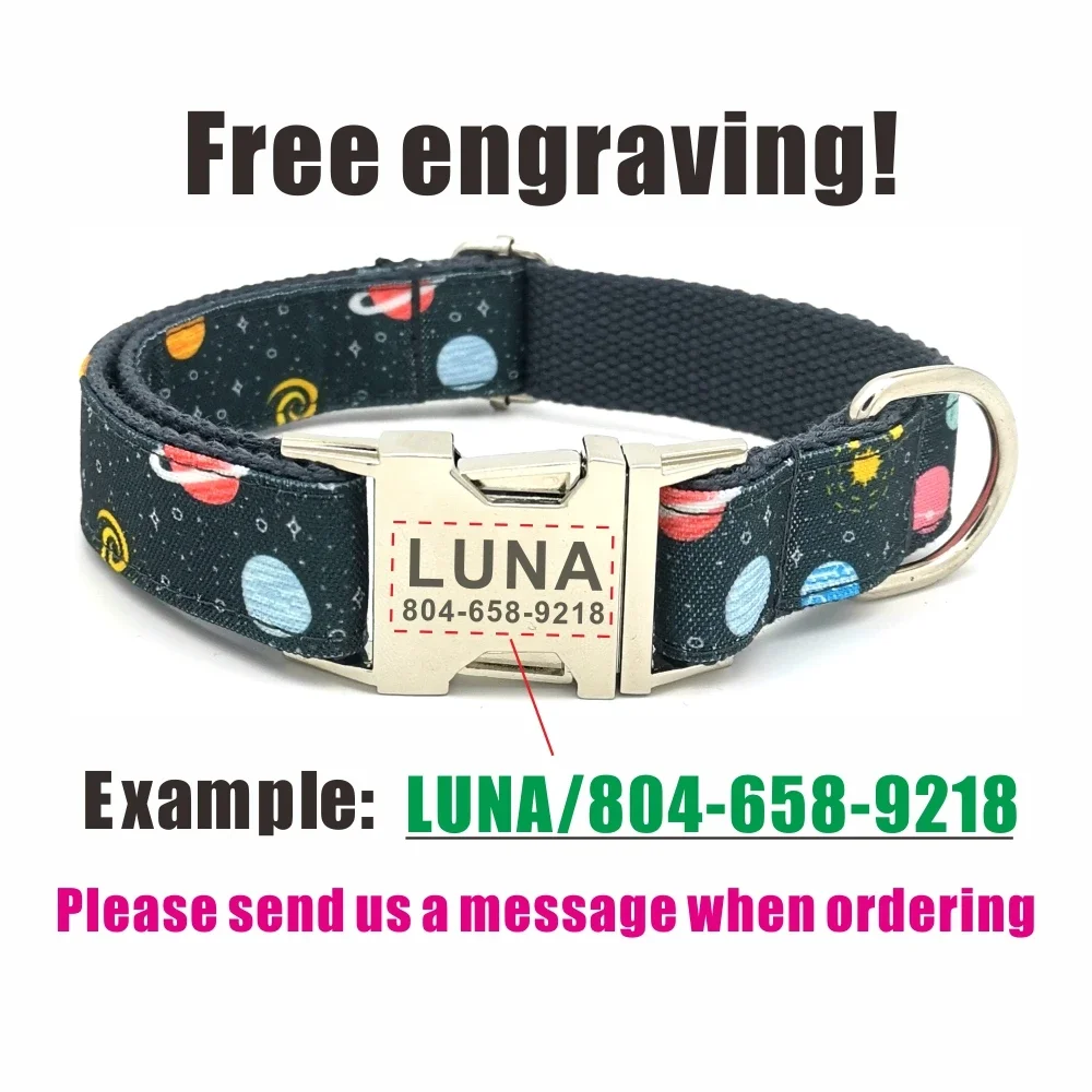 Collar de perro personalizado con grabado gratuito, correa para mascotas a juego, hebilla de Metal de contactos personalizados, Collar para mascotas negro con estrellas de plátano - imagen 4