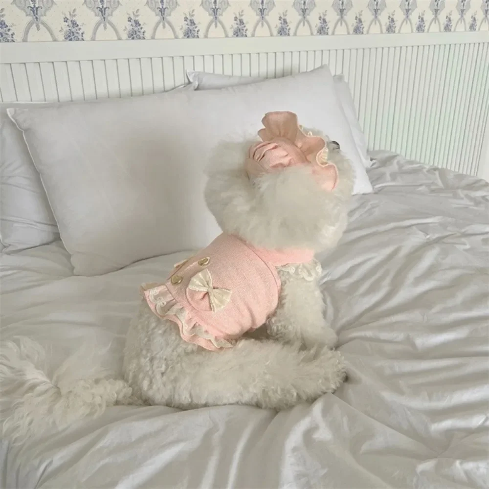 Ropa de diseño para mascotas, camisola, chaleco, gato pequeño y mediano, ropa con lazo de encaje para primavera y verano, conjunto de 2 piezas, sombrero de encaje, vestidos para cachorros - imagen 4