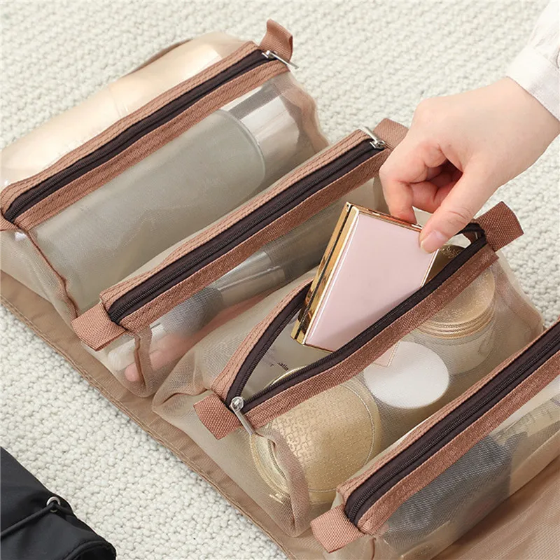 Bolsa de cosméticos 4 Uds en 1 para mujer, bolsa de cosméticos separable de malla con cremallera, bolsa de nailon plegable para mujer, bolsa de almacenamiento de brochas de maquillaje de cuerda - imagen 4