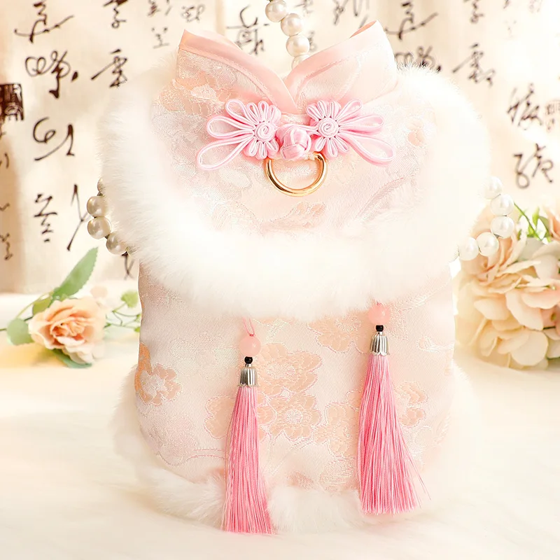 Ropa para perros, ropa de otoño e invierno, ropa gruesa de princesa Tang para gatos, cuello redondo con borlas frescas, suministros para mascotas de peluche para perros pequeños - imagen 2