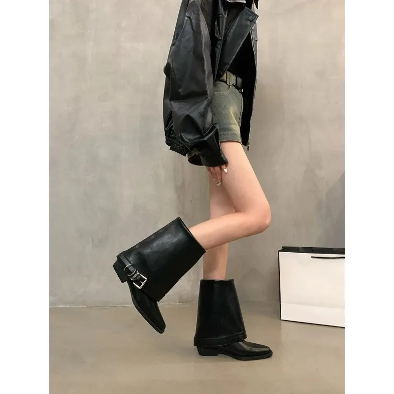 Botas de media pantorrilla con punta estrecha y hebilla de metal para mujer con tacón de bloque, suela de goma de piel sintética, botas de moda para Otoño e Invierno - imagen 3