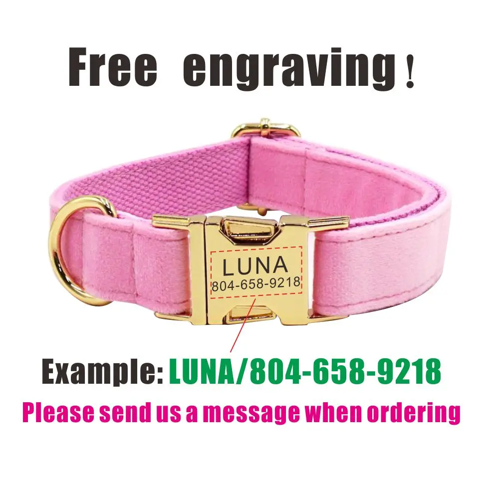 Collar de perro personalizado con grabado gratuito, correa para mascotas a juego, hebilla de Metal de contactos personalizados, Collar para mascotas de fibra de terciopelo rosa - imagen 4