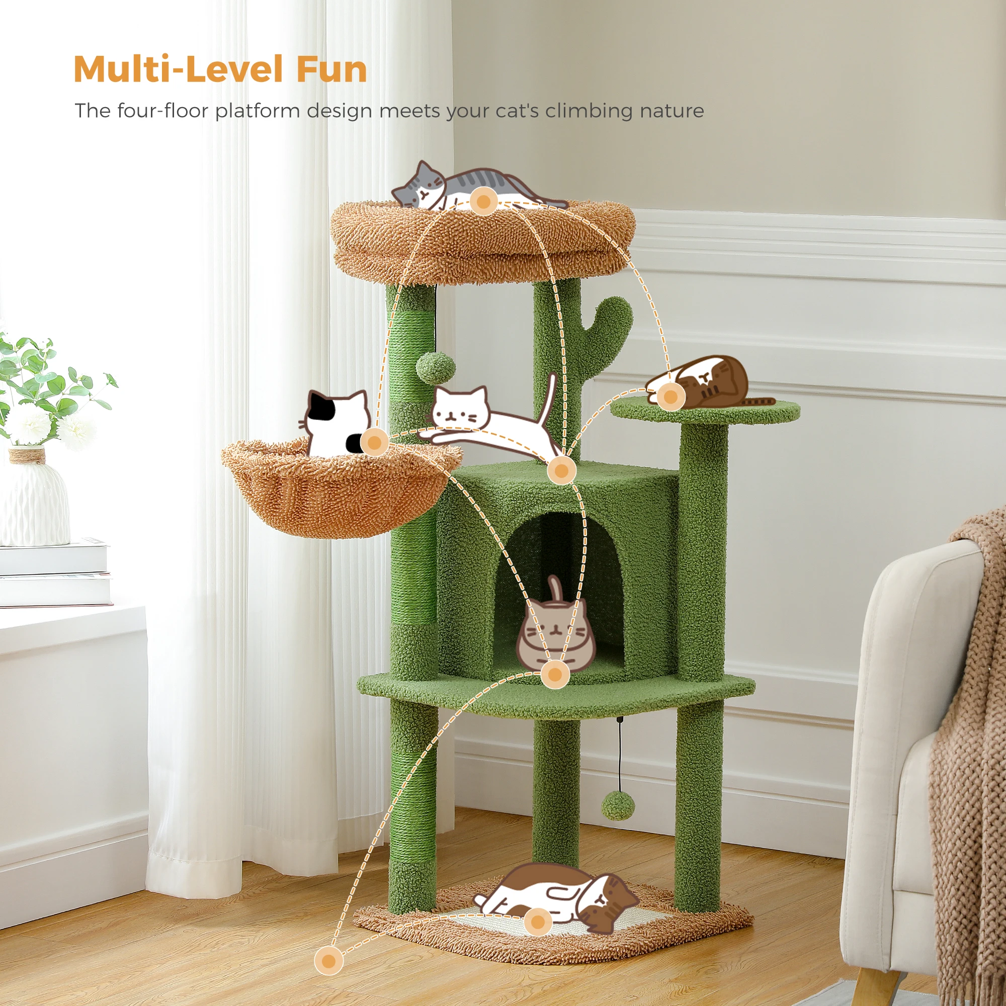 Árbol de Cactus para gatos, torre con condominio acogedor y percha para gatos de interior, casa de varios niveles para gatos con postes de rascado cubiertos de Sisal - imagen 2