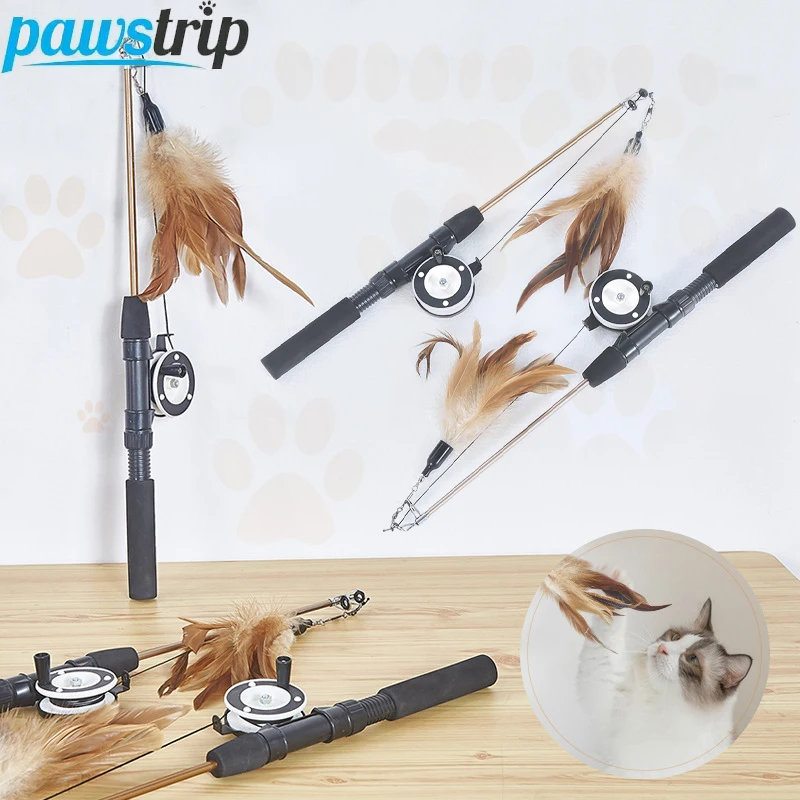 Varita de juguete retráctil para gatos, palo telescópico para gatos, juguete interactivo divertido con plumas de gatito, juguetes para aliviar el aburrimiento de mascotas