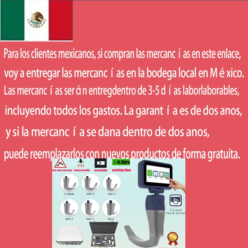 Entrega en almacén de México, videolaringoscopio con pantalla táctil de 3,5 pulgadas, cuchillas esterilizables reutilizables, laringoscop Digital en color - imagen 4