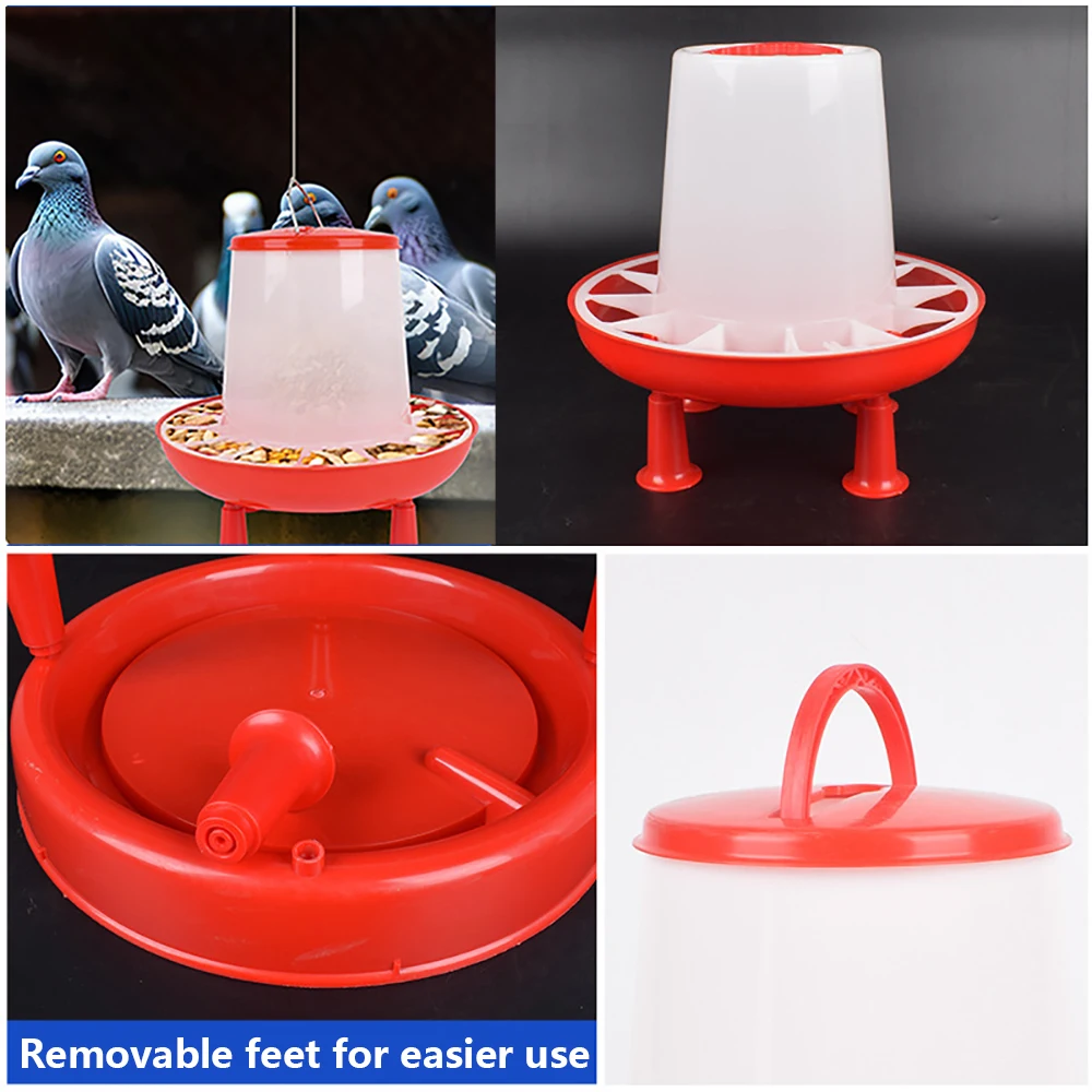 Cubo alimentador rojo para pollo y pato, 1,5 kg/3L, con pierna, fuente de comida para aves de corral, pollo, gallina, tapa, mango, suministros de riego, 1 ud. - imagen 2