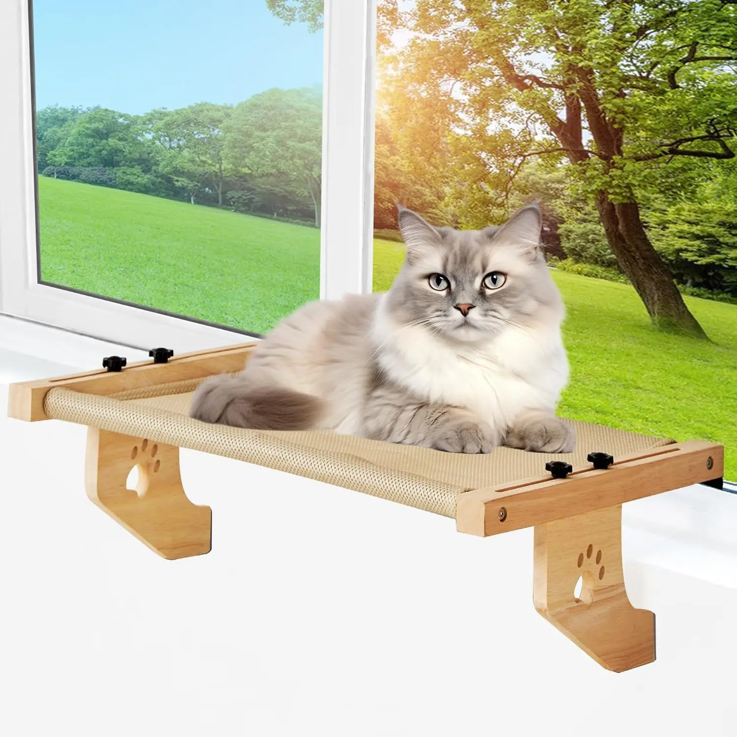 OUZEY hamaca de madera para gatos, cama colgante desmontable portátil para gatos, asiento cómodo para el sol, accesorios para escalar para gatitos y mascotas