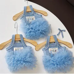 Vestido tutú azul a rayas para perros y gatos – tul transpirable