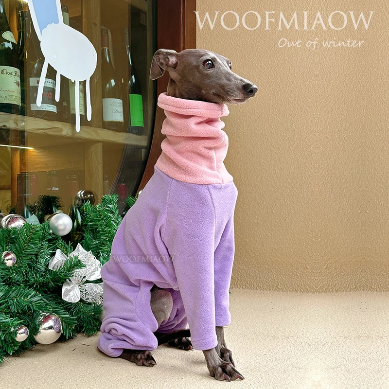 Mono de lujo de invierno de 4 patas púrpura y rosa con sombrero para disfraz de moda de galgo para Wellington, ropa gruesa y cálida para perros - imagen 5