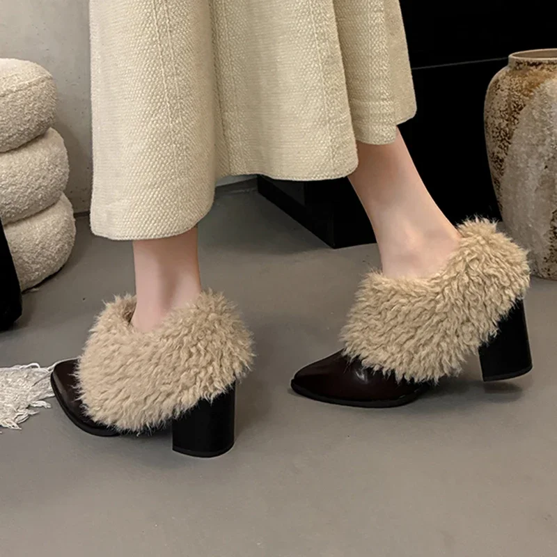 Warm Fluffy Fur Thick High Heel Pumps Women  Autumn Sexy Pointed Toe Furry Designer Ankle Boots Woman's Winter Short Boots - imagen 5
