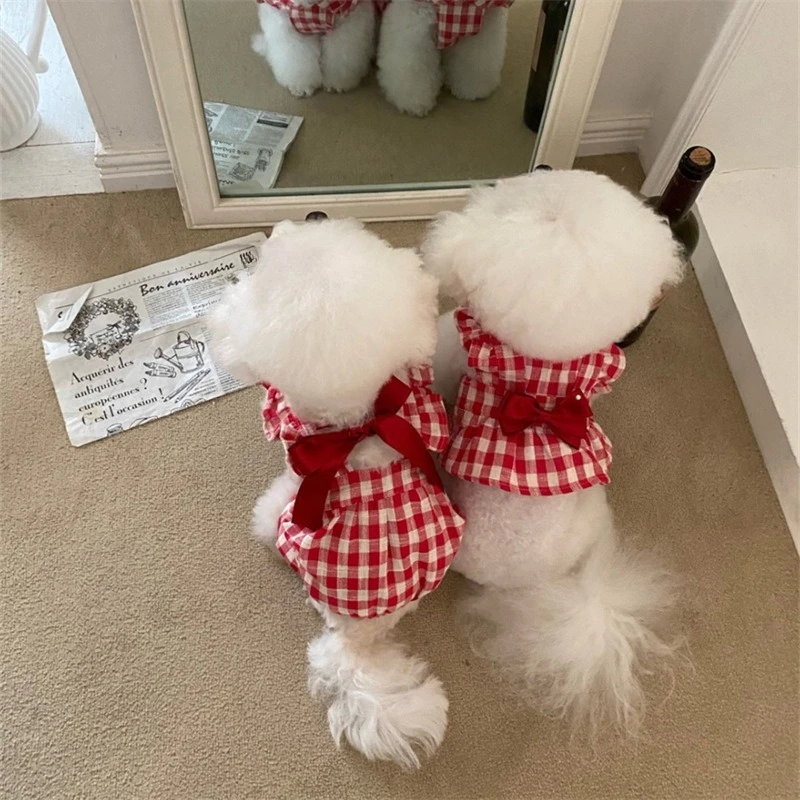 Monos a cuadros de Navidad y Año Nuevo para mascotas, mono rojo de otoño e invierno, vestido de peluche para perros pequeños y medianos, ropa para cachorros - imagen 2