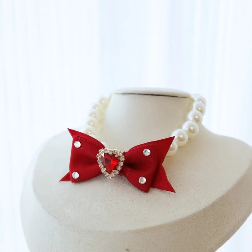 Collar de perlas con lazo vintage corazón strass para gatos y perros - imagen 5