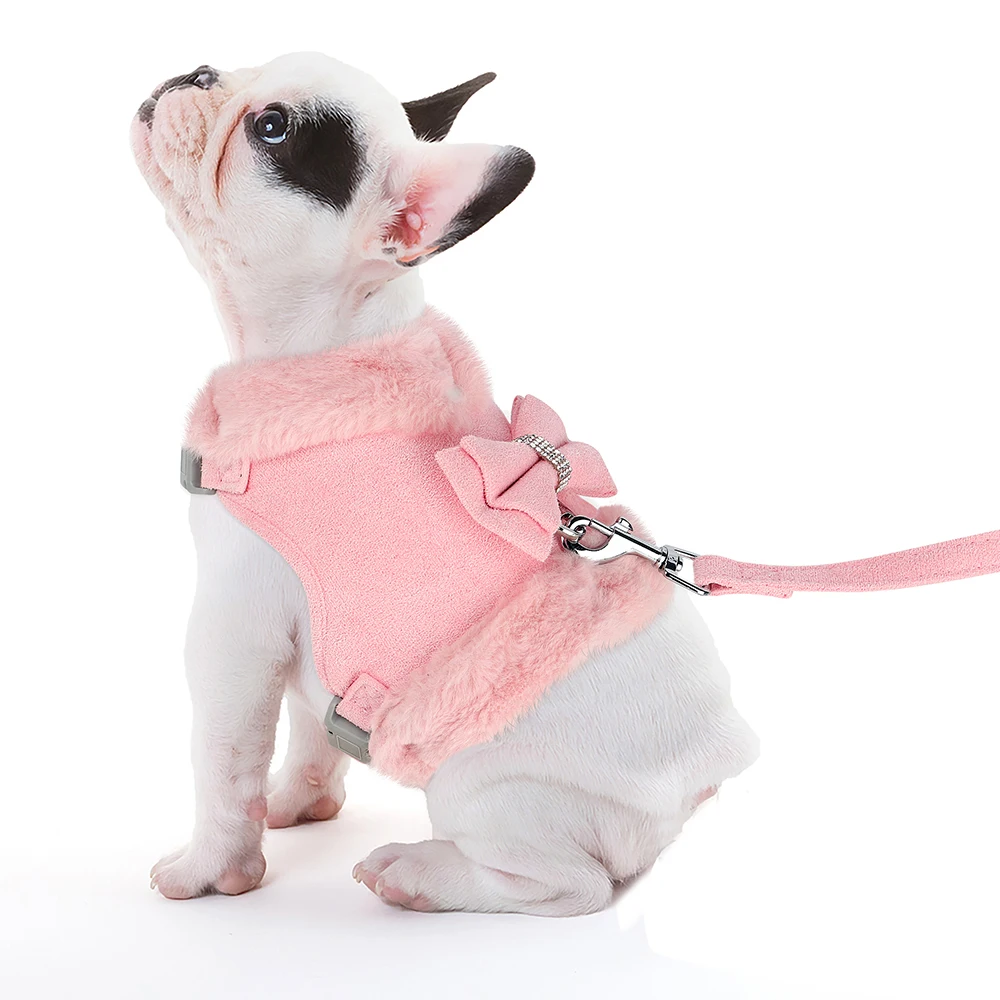 Chaleco suave y cálido para perro, conjunto de arnés y correa con bonito lazo, ropa de invierno para mascotas, chaleco de piel cálida, ropa para perros pequeños, Bulldog Francés rosa - imagen 5