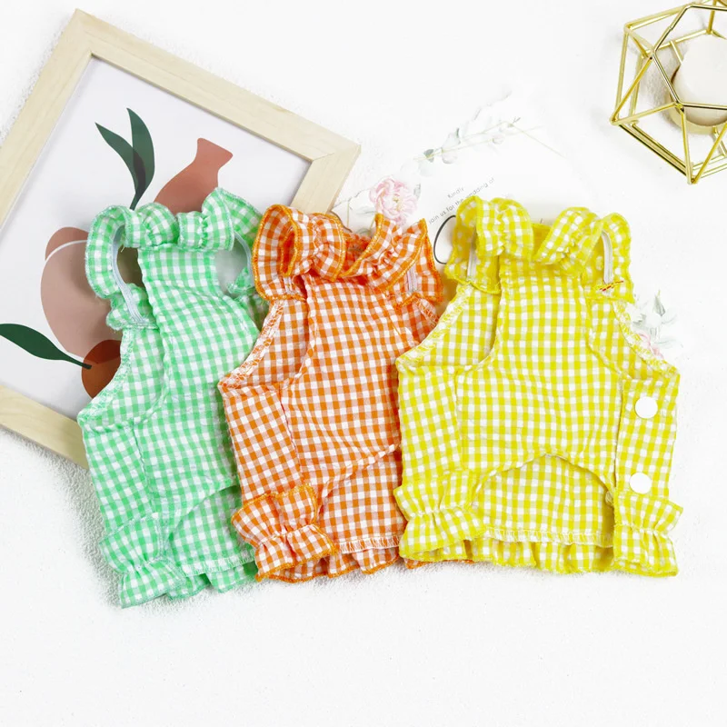 Vestidos de verano para mascotas para perros pequeños, ropa con estampado de cerezas a cuadros para cachorros, falda, vestido de princesa, traje de Pomerania Yorkshire - imagen 3