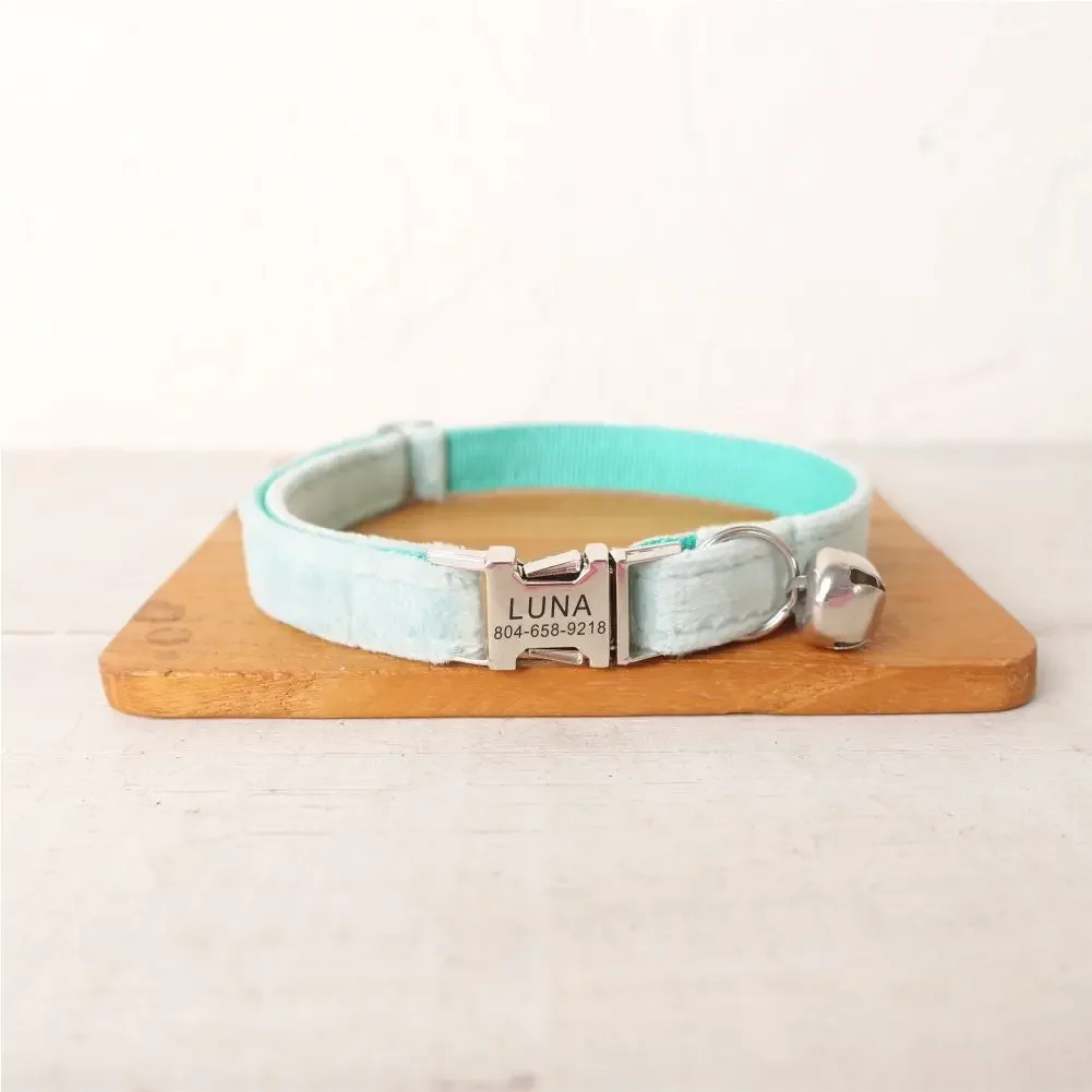 Collar de gato personalizado con grabado gratuito, correa para mascotas a juego, hebilla de Metal de contactos personalizados, Collar para mascotas de terciopelo verde lago