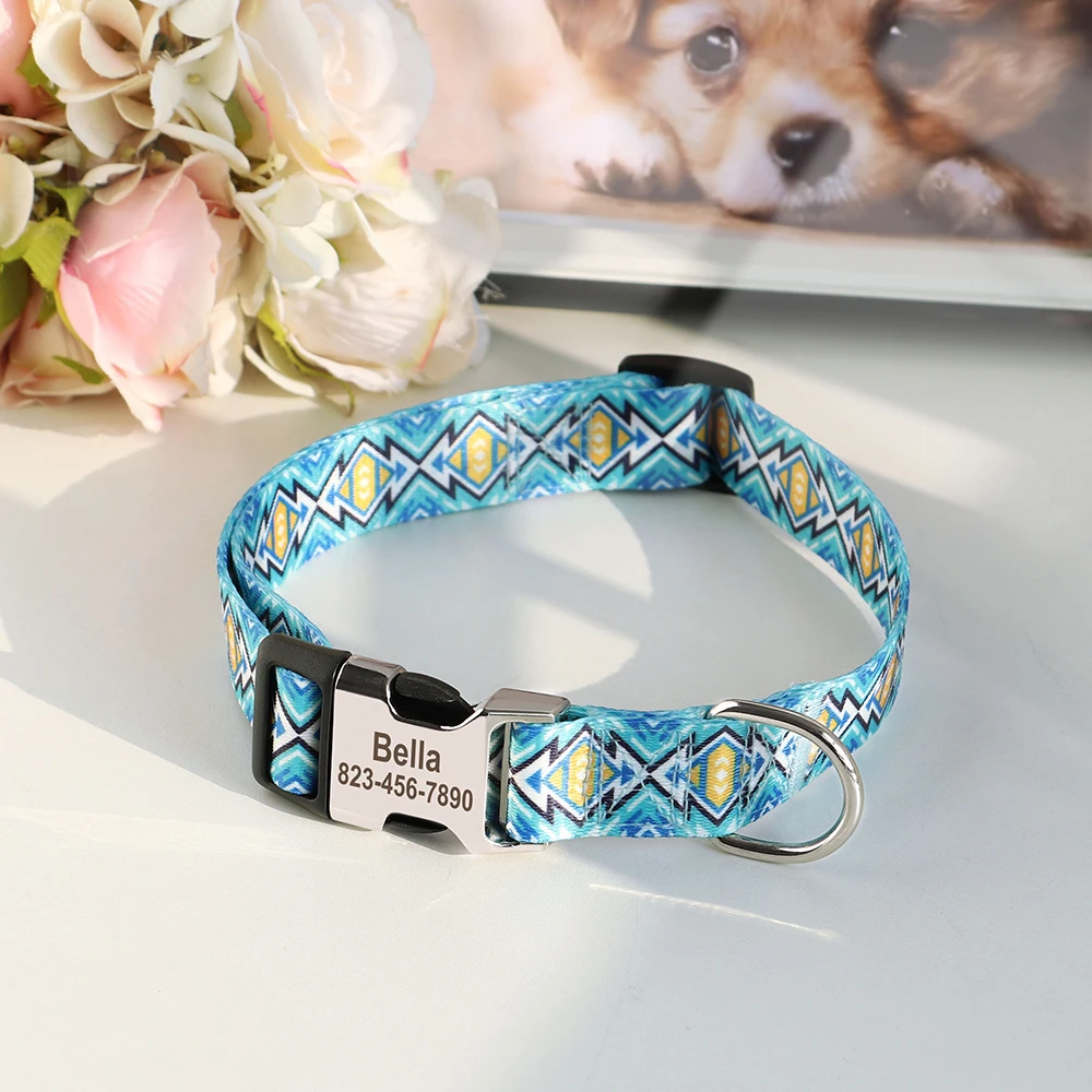 Collar de perro estampado de nailon, collares personalizados con nombre de perro, Collar personalizado con hebilla para mascotas, nombre de mascota grabado gratis, número de teléfono para perros