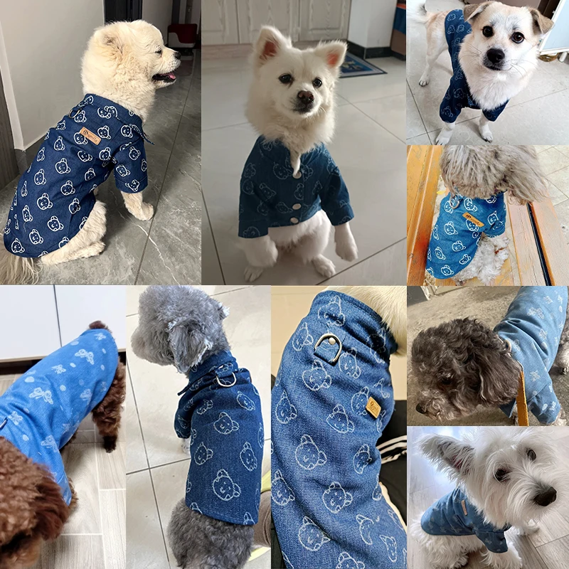 Camisa vaquera con estampado de oso para perro, chaleco vaquero para Chihuahua y Bichón, ropa cálida para mascotas, disfraz para cachorros, moda de otoño e invierno - imagen 2