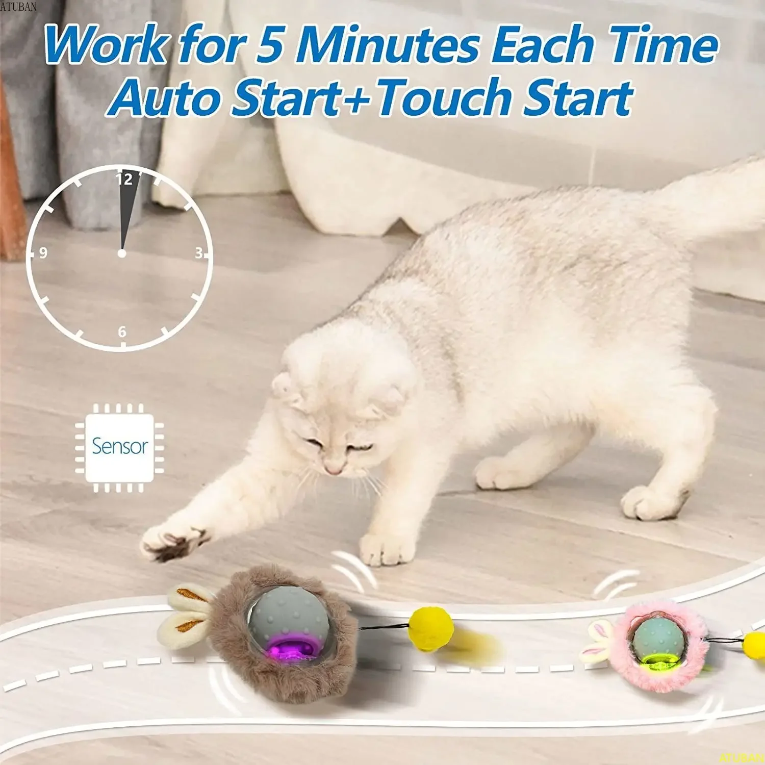 ATUBAN-pelota de juguete para gato con Orejas de conejo, juguetes interactivos inteligentes para gatos con sonido de pájaro, luz, movimiento, bola rodante activa, juguete eléctrico para gatos - imagen 3
