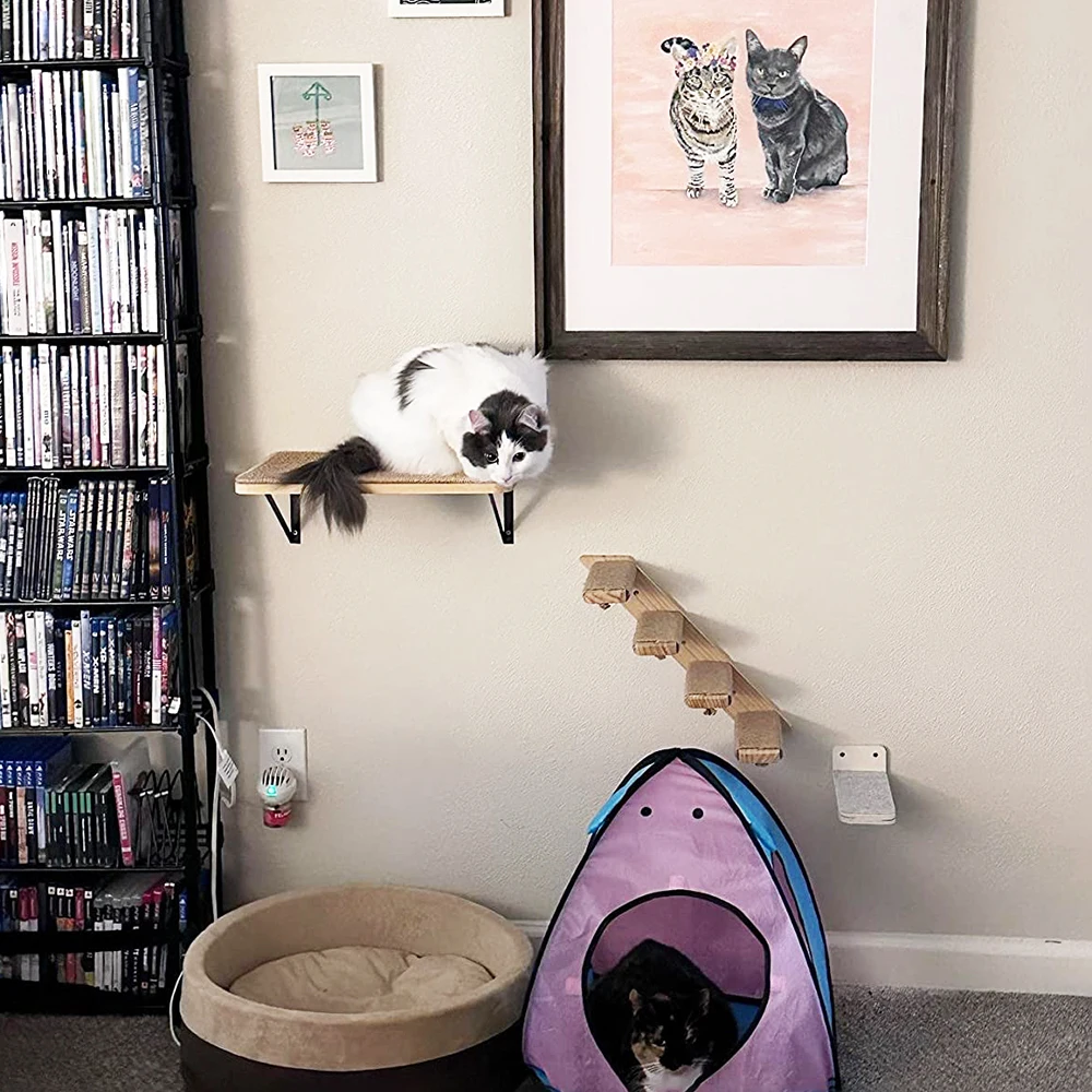 Plataforma para gatos de madera maciza montada en la pared con soporte de metal con accesorios de escalón para gatos de sisal adecuados para saltar y descansar - imagen 3