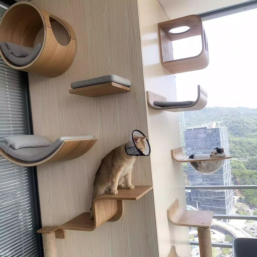 Estantes de escalada para gatos montados en la pared, hamaca, escaleras, casa, torre de árbol de madera para gatos, paseo, parque infantil, muebles para mascotas, accesorios