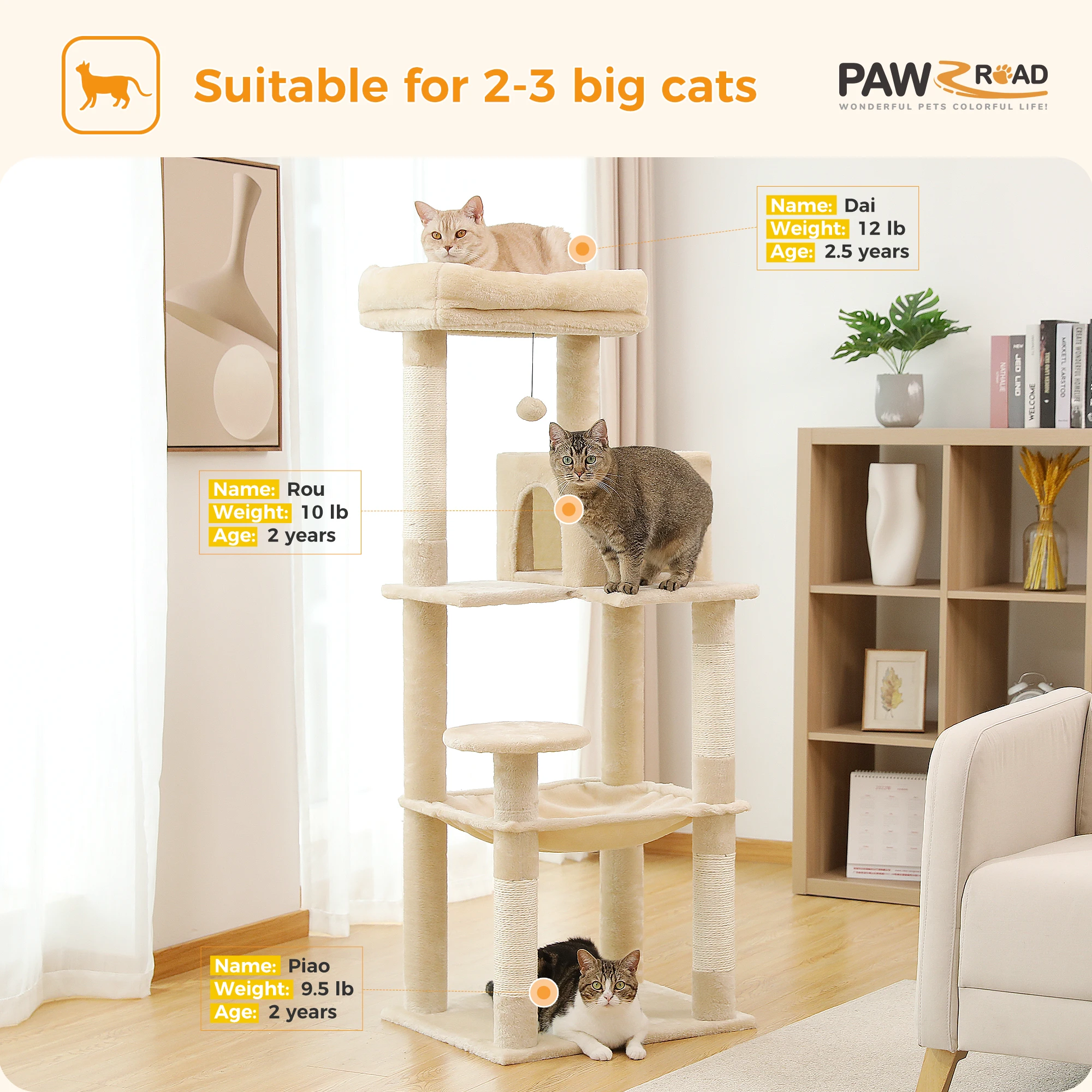 Árbol para gatos de interior, torre para gatos de 5 niveles para gatos grandes con hamaca grande, postes para rascar cubiertos de Sisal, percha superior acogedora para Condo - imagen 5
