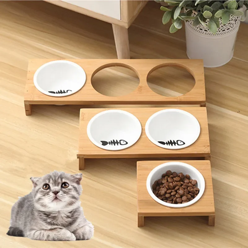 Cute Fishbone Cat Bowl Ceramic Pet Feeding Bowls with Bamboo Stand Single/Double/Three Cat Bowl Dog Feeders Pet Product - imagen 3