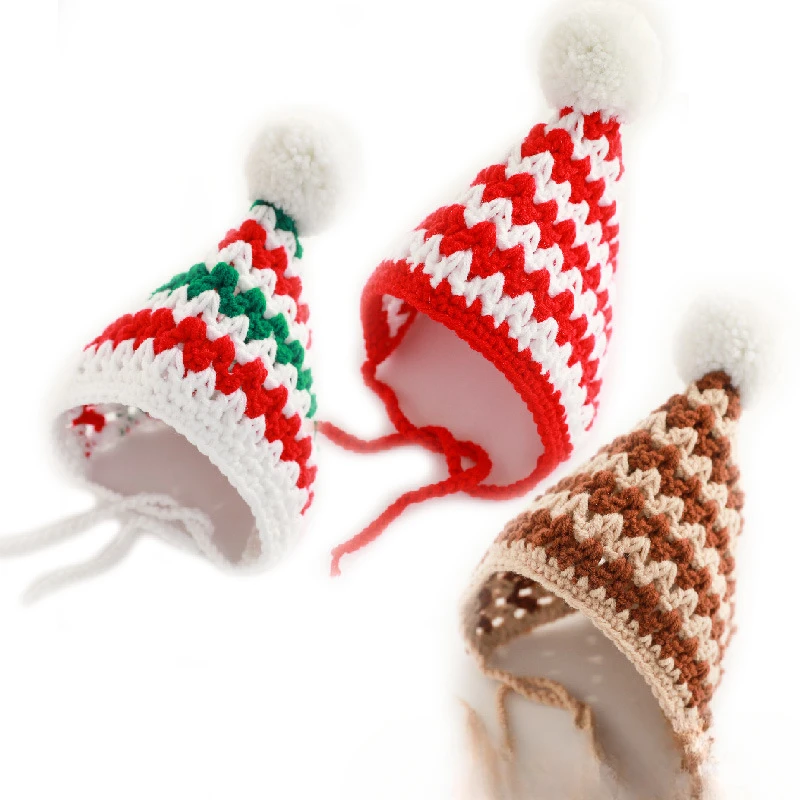 Gorro de Navidad para mascotas, tejido a mano, bola de piel a rayas de Año Nuevo, gatito de peluche, bonito disfraz de Año Nuevo, accesorios para perros pequeños