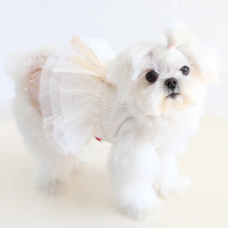 Falda con tirantes de encaje para mascotas, falda abombada de malla para perros, camiseta sin mangas de peluche para gatos, vestidos para perros pequeños, ropa para cachorros - imagen 4