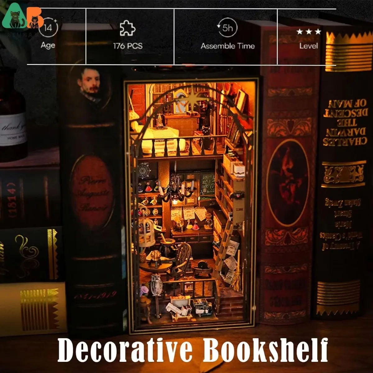 ATUBAN Kit de rincón de libros DIY, libro de casa de muñecas DIY, decoración de inserción de estante de cuaderno de biblioteca, Kit en miniatura de sujetalibros de madera 3D con luz - imagen 3