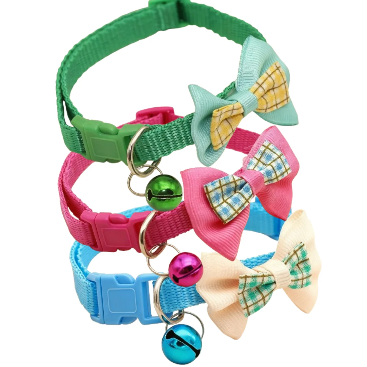 Collar de gato con campana para perro, lindo collar de campana con lazo a cuadros multicolor, collar de campana ajustable para mascotas. - imagen 2