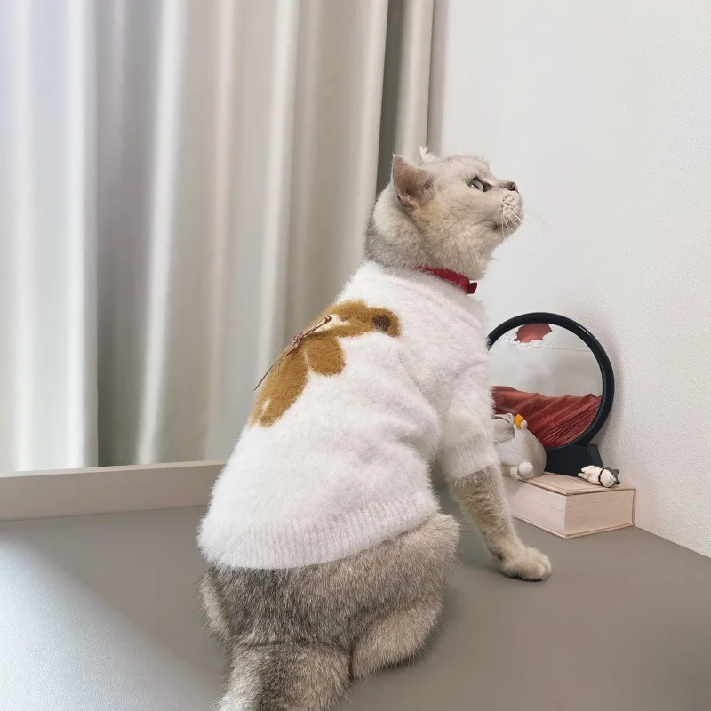 Suéter con lazo de oso para mascotas, pajarita para gatos, suéter de oso, ropa de peluche de Yorkshire gruesa y cálida, ropa para cachorros pequeños - imagen 4