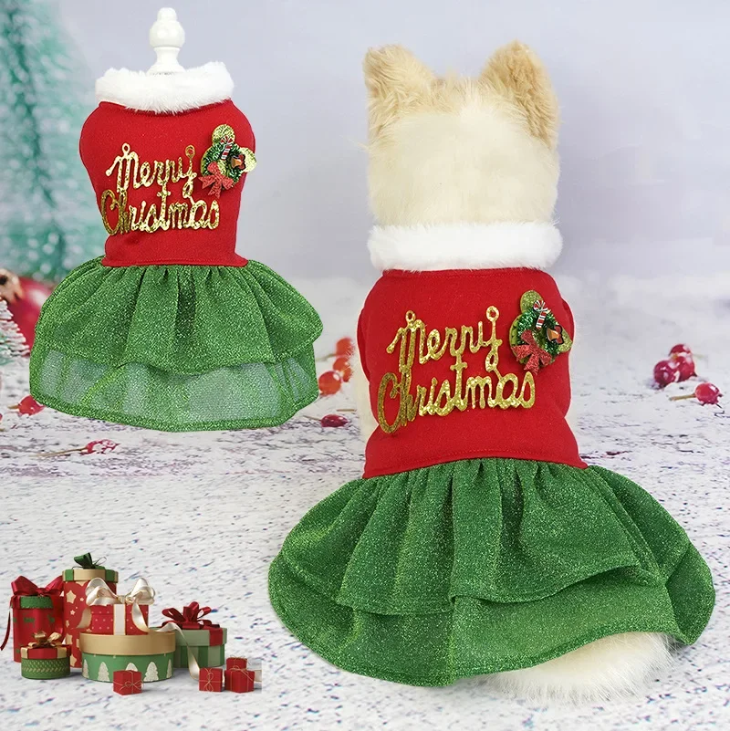 Traje de vacaciones para perros pequeños y medianos, vestido navideño para perros, ropa festiva con estampado de lentejuelas "Merry Christmas" para - imagen 2