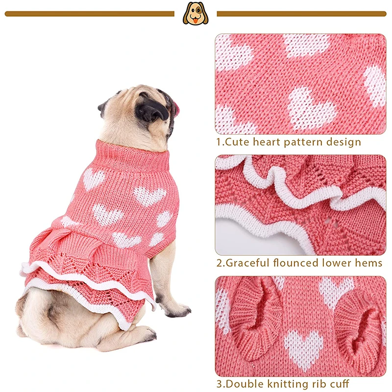 Ropa para mascotas, suéter cálido de invierno para perros, vestido de punto, chaleco, jersey de cuello alto, abrigo para perros pequeños y medianos, falda para cachorros, ropa - imagen 3