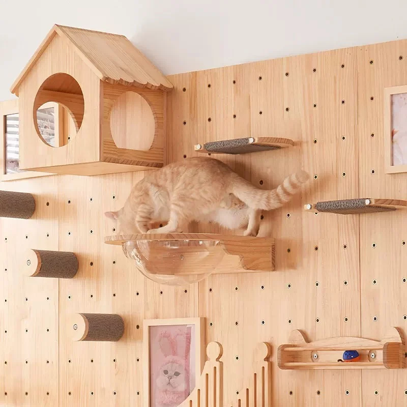 Hamaca de madera con escalera para gatos, estantes de escalada montados en la pared y puente para gatos, perca para gatos, patio de juegos interior para mascotas - imagen 3