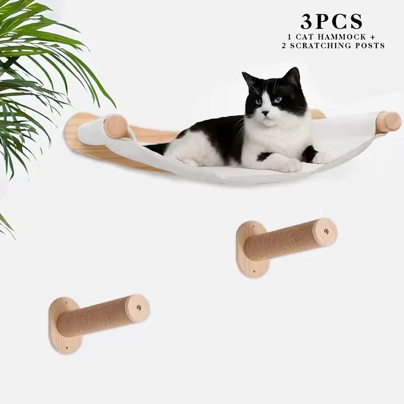 Rascador de pared para gatos con hamaca y estantes – 3 piezas de madera - imagen 2