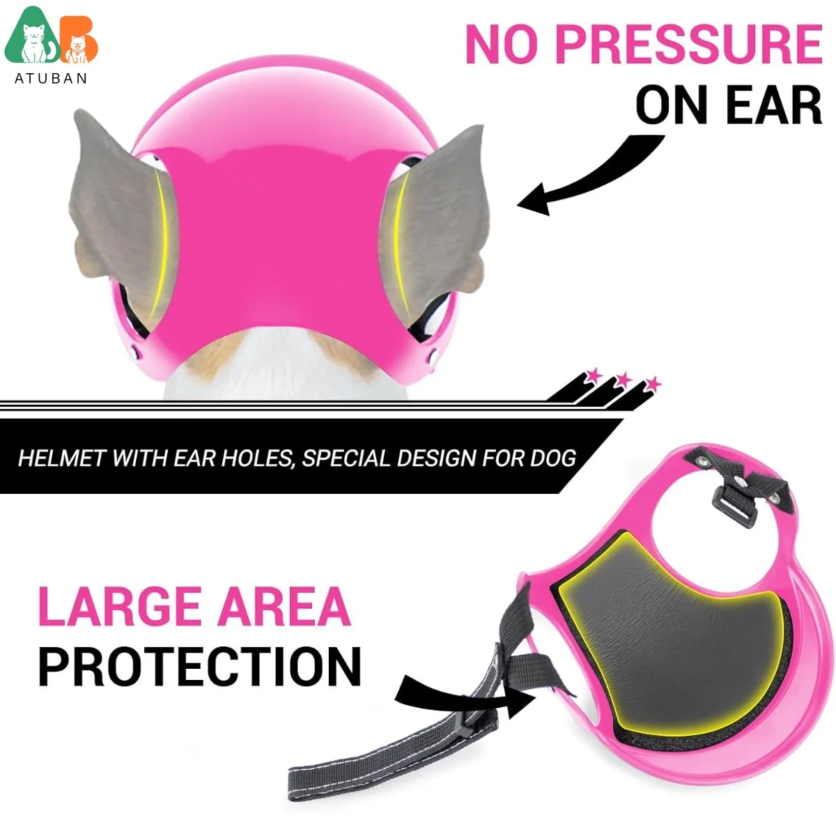 Casco para perro ATUBAN con orificios para las orejas, correa ajustable, sombrero de seguridad para bicicleta y motocicleta para mascotas para conducción y conducción al aire libre, sombrero de seguridad para mascotas - imagen 3