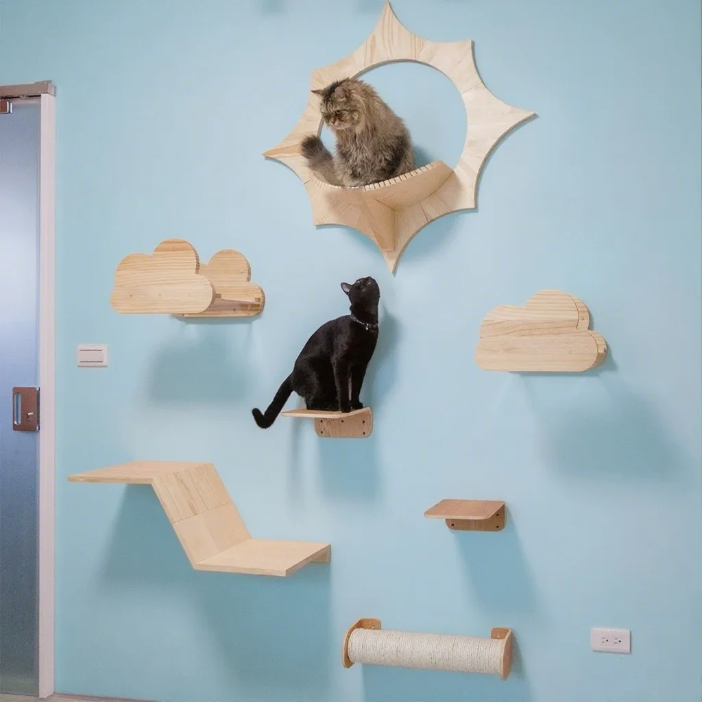 Poste rascador para gatos, plataforma de salto de nubes, árbol de madera ecológico para gatos, marco de escalada para mascotas, nido para gatos montado en la pared de Sisal