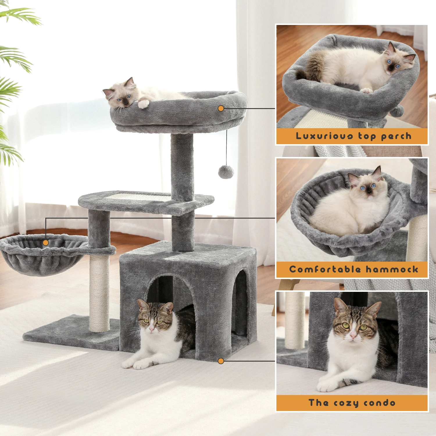 Árbol para gatos pequeños de interior, torre para gatos de peluche con condo grande para gatos, hamaca profunda y poste rascador de sisal para gatos para gatitos - imagen 3