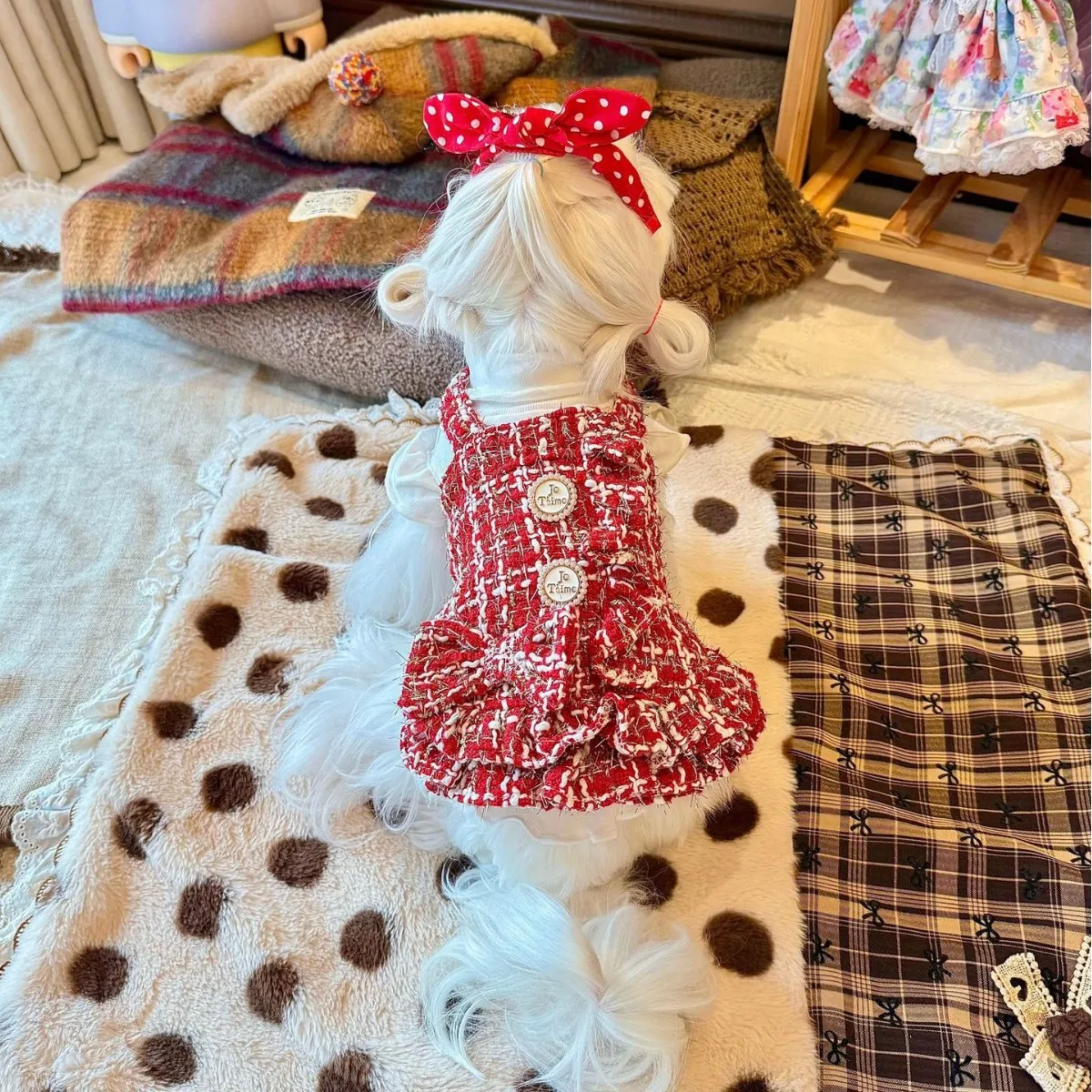 Falda princesa con lazo rojo para perros mini y gatos cálida invierno - imagen 3