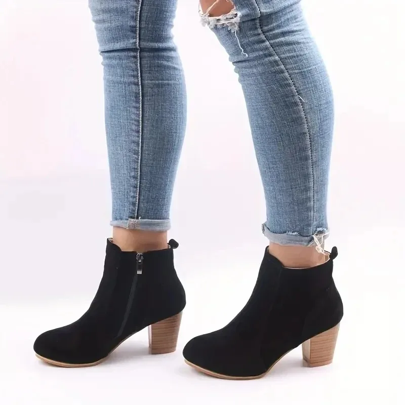Botas de mujer Otoño Invierno tacones gruesos zapatos con cremallera para mujer moda de lujo botines Chelsea botas cómodas de moda para mujer - imagen 4