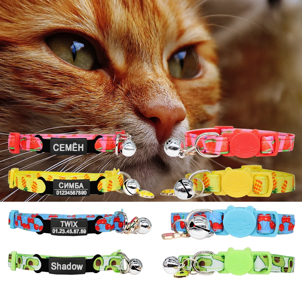 Personalized Nylon Cat Collar Fruits Pattern Bell Adjustable Kitten Safety Accessories Breakaway ID Tag Small Necklace Puppy - imagen 2