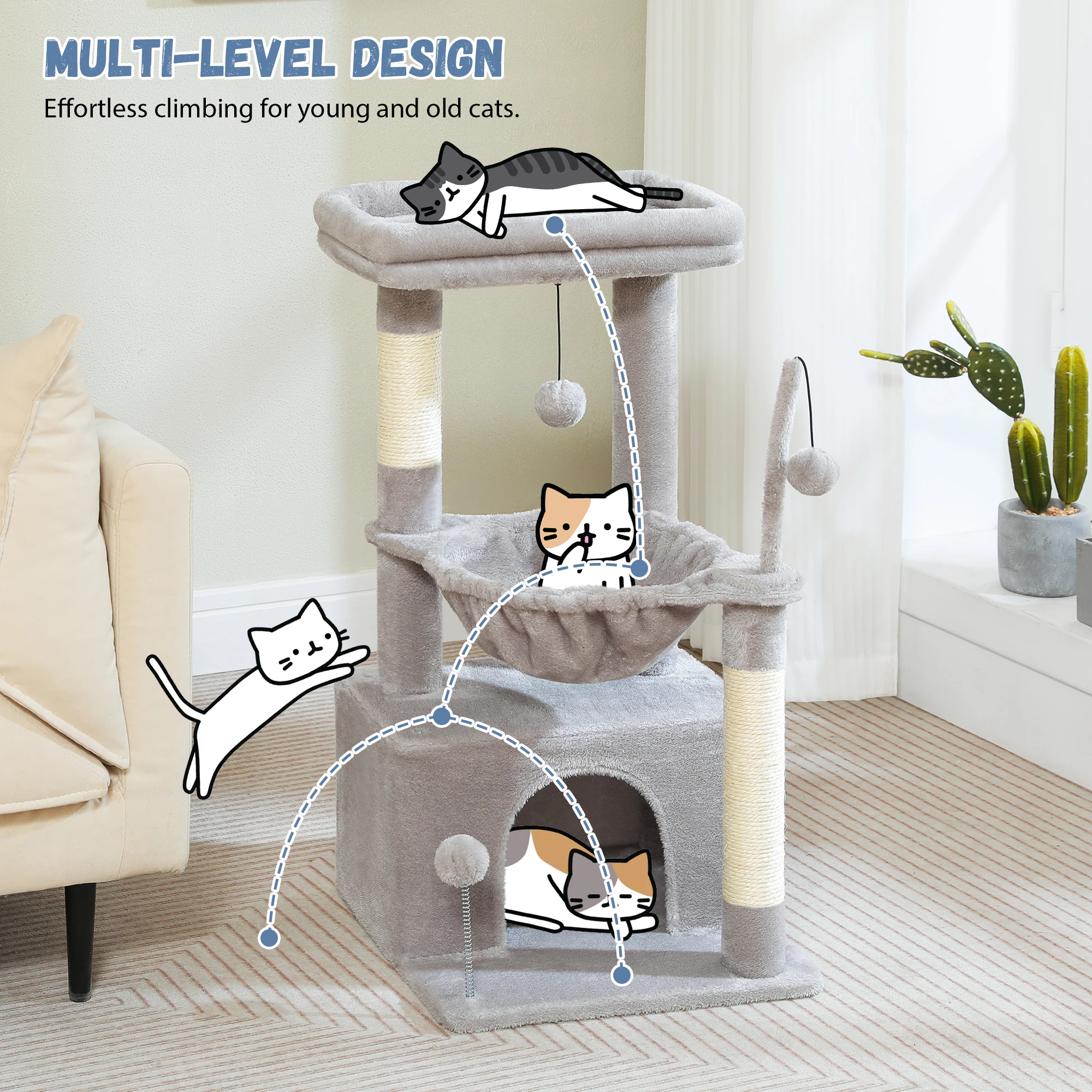 Torre de árbol para gatos pequeña con condón espaciosos, poste rascador, hamaca acogedora, pompón para 1-3 gatos de interior, accesorios para gatos, muebles para gatos