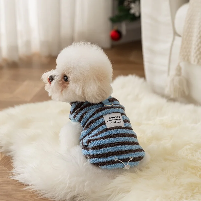 Ropa Polar de invierno para perros pequeños, chaleco protector a rayas para Chihuahua, abrigo para gatos, monos transpirables a prueba de viento para caminar para mascotas - imagen 3