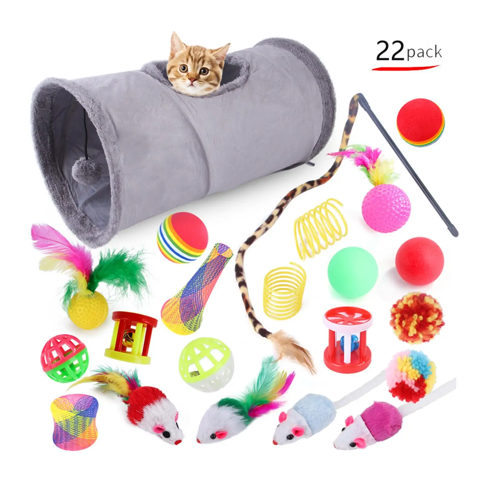 22 Pieces Cat Toys Kitten Toys Assortments Tunnel Feather Teaser Wand