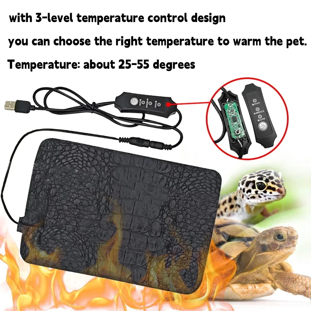Almohadilla calefactora USB para mascotas, Terrario, estera térmica para reptiles, impermeable, manta eléctrica de 3 engranajes, calentador, almohadilla calefactora portátil ajustable para reptiles - imagen 3