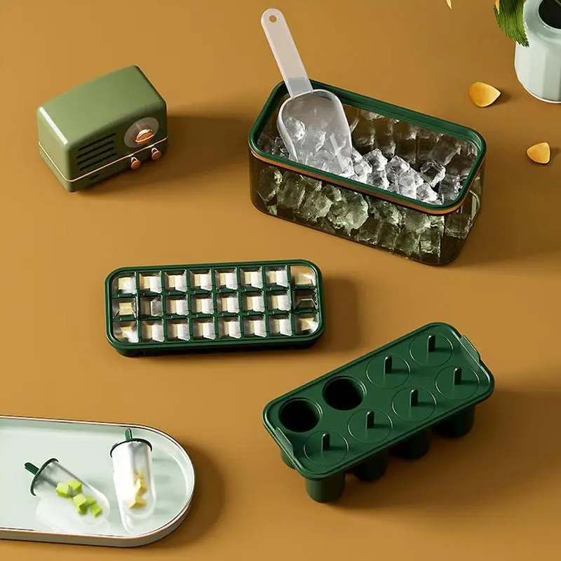 Bandejas de hielo cuadradas para congelador con tapa y cubo, molde de hielo circular, fabricación de cubitos de hielo pequeños, almacenamiento de cubitos de hielo - imagen 2