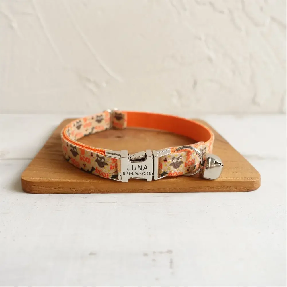 Collar de gato personalizado con grabado gratuito, correa para mascotas a juego, hebilla de Metal de contactos personalizados, Collar para mascotas de murciélagos de Halloween